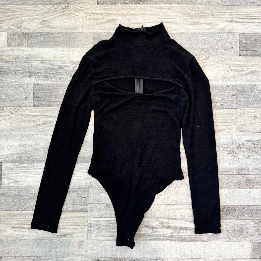Michael Costello Black Long Sleeve Cutout Mock Neck Bodysuit